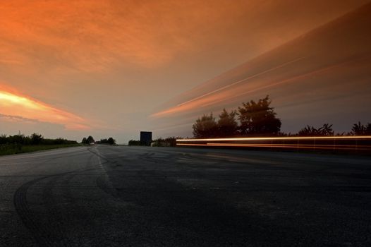 on the road at sunset