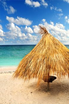 Tropical beach of a Caribbean island with palm branches shelter