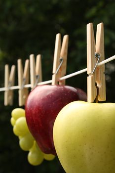 A concept shot relating to organic and healthy eating, and chemical and pesticide use.  Two apples, one red one golden, and a bunch of grapes, hung on a clothesline with wooden pegs.