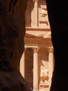 A movie view of the Treasury at the Petra archaeological site in Jordan.