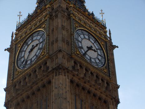 A close-up of Big Ben's clock faces.