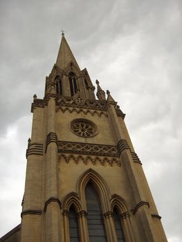 Looking up at a church spire in Bath, England.