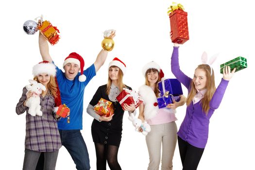 The happy company with New Year's gifts in hands isolated on a white background