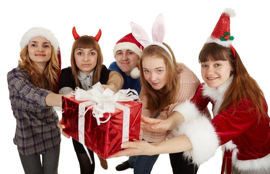 Happy people give one big general gift isolated on a white background