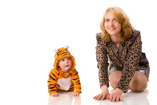 Mother with half year daughter baby wearing tiger costume isolated