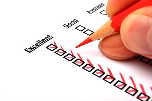 poll or polling concept with checkbox and red pencil showing marketing