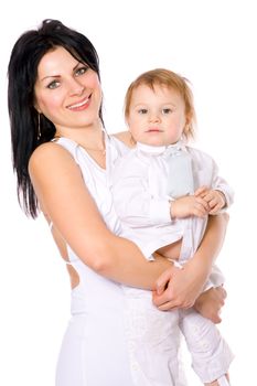 Happy Mother holding son both wearing white isolated