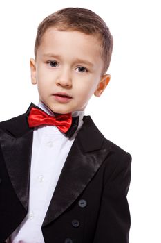 Little Boy wearing tuxedo portrait isolated on white