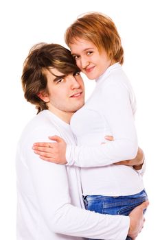 Happy young couple posing smiling isolated on white