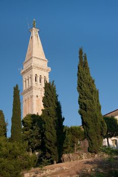 Church tower of St. Euphemia Church in  old coastal city Rovinj in Croatia.