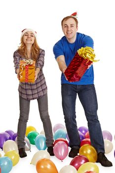 The man and the woman give gifts isolated on a white background