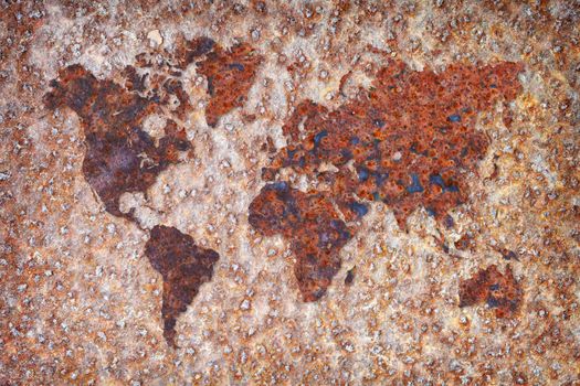 The world map formed by corrosion stains on metal