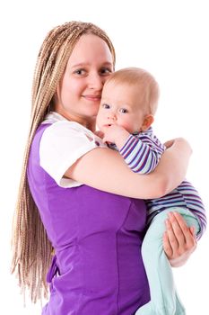 Happy Mother holding half year baby isolated on white