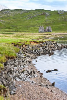 Scotland, Sutherland. Panorama with lake and old house.
