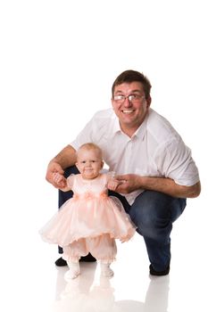 Happy Father with baby girl posing isolated on white