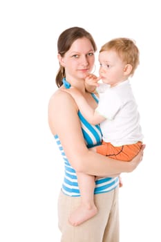 Mother holding son standing isolated on white