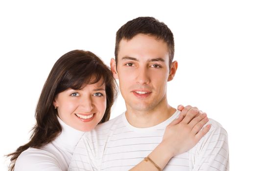 Close up portrait of Happy Couple wearing white isolated
