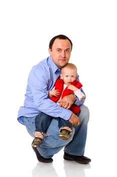 Happy Father holding one year son isolated on white