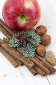 red apple, cinnamon sticks, nuts, anise