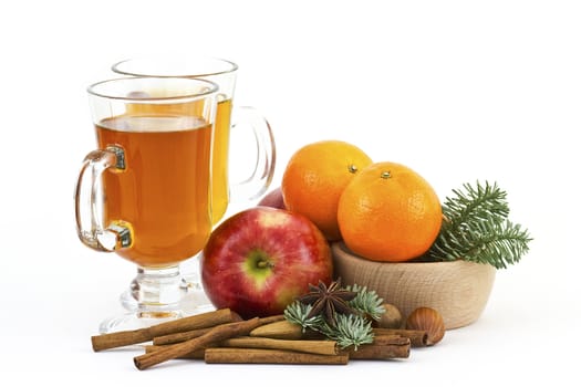 glass of apple juice, fresh fruits and spices