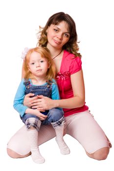 Mother holding daughter isolated on white