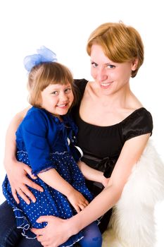 Mother holding five years daughter isolated on white