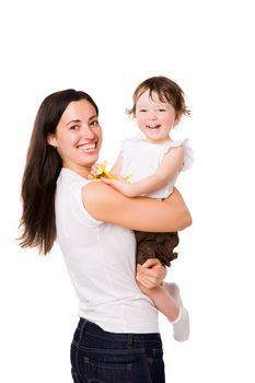 Happy Mother holding daughter both laughing isolated