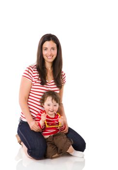 Mother posing with one year daughter isolated on white