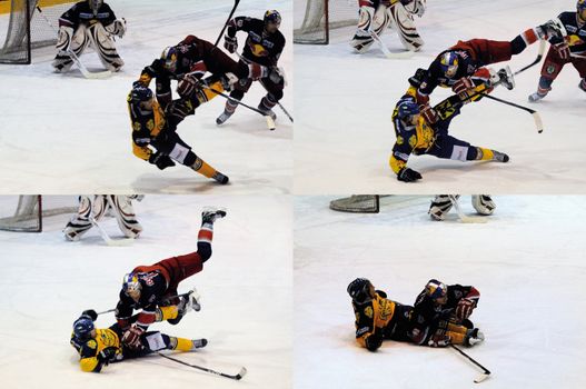 ZELL AM SEE, AUSTRIA - DECEMBER 7: Austrian National League. Hard hit by Red Bulls player against Fabian Ecker. Game EK Zell am See vs. Red Bulls Salzburg (Result 4-6) on December 7, 2010, at hockey rink of Zell am See