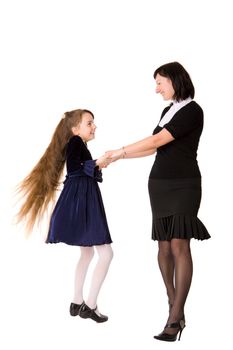 Mother and daughter having fun together isolated on white