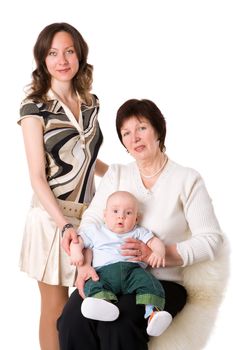 family of Three generations - boy, mother and grandmother isolated on white