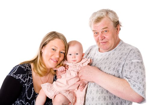 Aged parents with little baby girl isolated on white