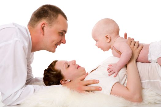 Happy Family enjoying baby together isolated on white