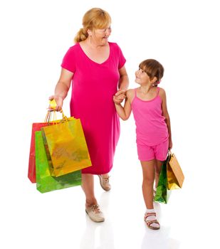 Grandmother with child go shopping isolated on white