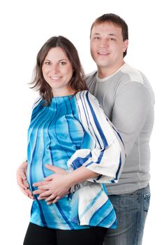 Shot of beautiful couple, pregnant woman isolated on white