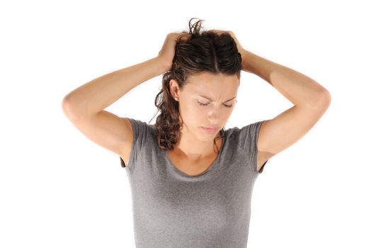 Shot of depressed teenager girl isolated on white background.