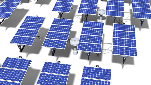 Field of articulated solar panels with midday light on a white background