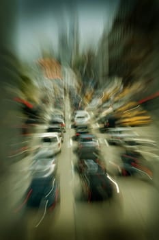heavy car traffic jam, zoom blur photo technique, photo taken in manhattan, new york