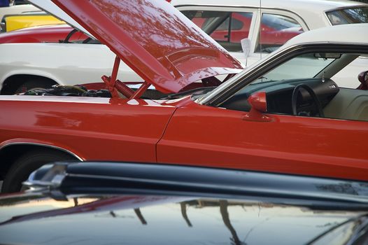 car show detail photo, several cars in picture, red car has his hood open