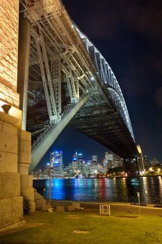harbour bridge and sydney cbd at night, reflections in water