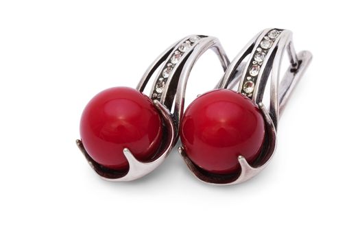 Silver Earrings with Red Coral isolated on the white background