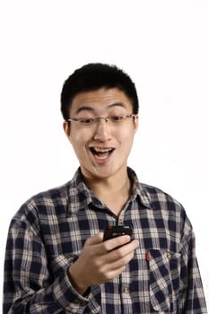 casual chinese man smiling feel surprised on a mobile phone isolated over a white background 