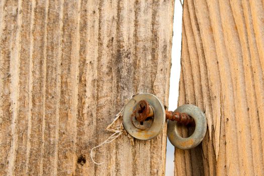 A rusty wood screw barely hold two fence boards together.