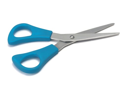 Blue handled scissors isolated on a white background.