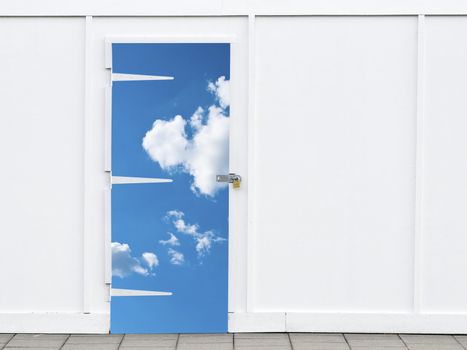 Shut sky door with a padlock, white wall building