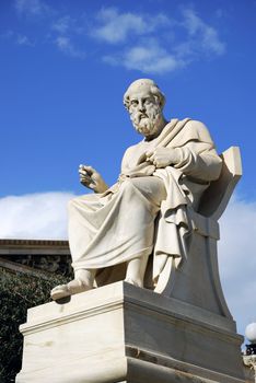 The statue of the Greek ancient philosopher Plato at the facade of the Academy of Athens in Greece