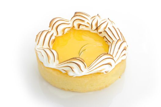 A delicious single serve lemon meringue tart. Shot on white