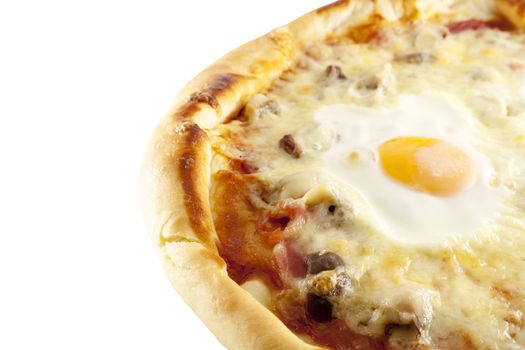 Macro photo of Italian pizza with cheese, ham, eggs, mushrooms, ketchup and olives