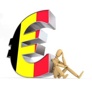 doll/lay figure sitting at/next to a metal Euro sign wondering - euro surface is textured with the belgian flag