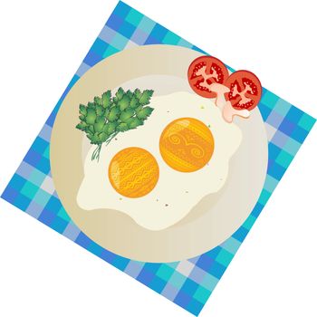 Easter eggs on a plate with mushrooms and tomato slices